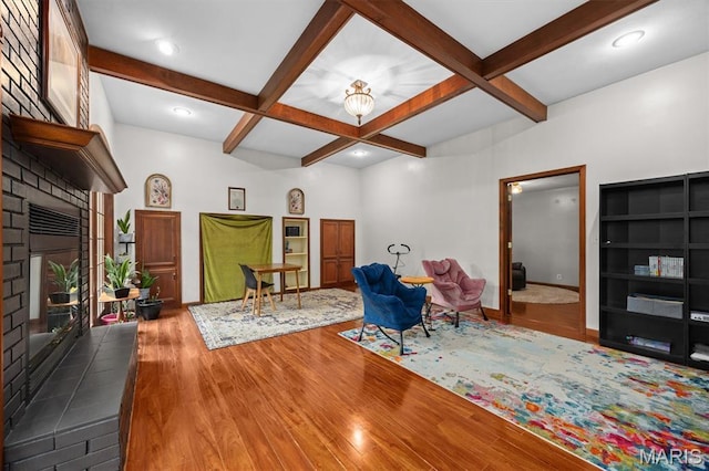 101 E Fairway Dr, Belleville, IL 62223 - living area featuring a fireplace, coffered ceiling, wood finished floors, and beam ceiling