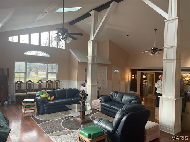 12746 Rolling Hills Dr, Trenton, IL 62293 - living room with ornate columns, ceiling fan, high vaulted ceiling, wainscoting, and wood finished floors