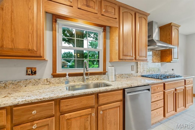 10 Rio Vista Dr, Frontier Township, MO 63303 - kitchen featuring stainless steel appliances, wall chimney range hood, light stone countertops, and light tile patterned floors