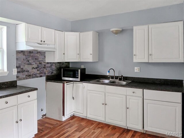 4664 Pogue Dr, House Springs, MO 63051 - kitchen featuring stainless steel microwave, under cabinet range hood, dark countertops, light wood-style flooring, and white cabinetry