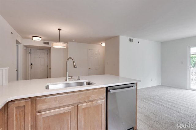 1125 Arbor Creek Dr Unit 2D, Saint Louis, MO 63122 - kitchen featuring stainless steel dishwasher, light carpet, light countertops, light brown cabinets, and decorative light fixtures