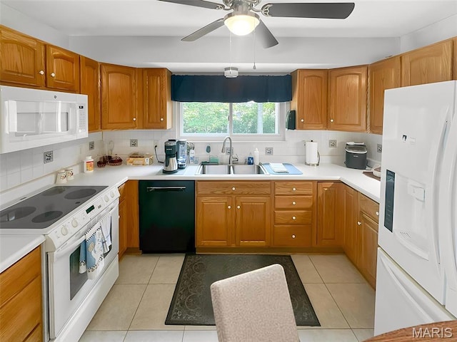 15468 Hitchcock Rd, Chesterfield, MO 63017 - kitchen with white appliances, ceiling fan, tasteful backsplash, and light tile patterned floors
