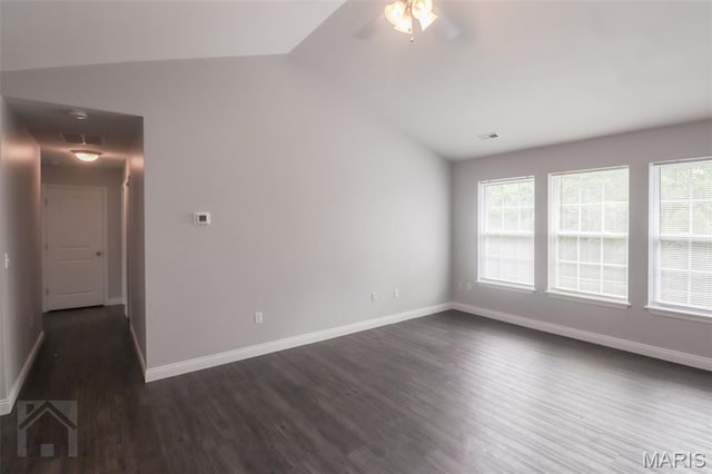 278 Settlers Pass, Waynesville, MO 65583 - empty room with dark wood-type flooring, lofted ceiling, and ceiling fan