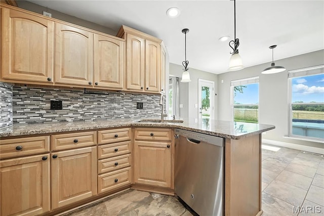 1408 Elm Tree Rd, Troy, MO 63379 - kitchen featuring stainless steel dishwasher, light brown cabinets, backsplash, a peninsula, and recessed lighting