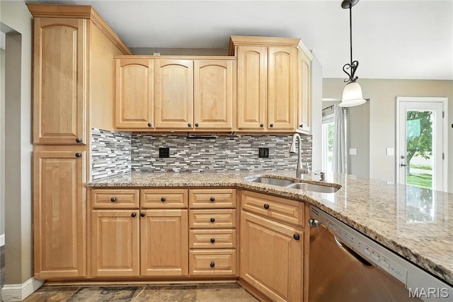 1408 Elm Tree Rd, Troy, MO 63379 - kitchen with stainless steel dishwasher, light brown cabinetry, tasteful backsplash, light stone countertops, and decorative light fixtures