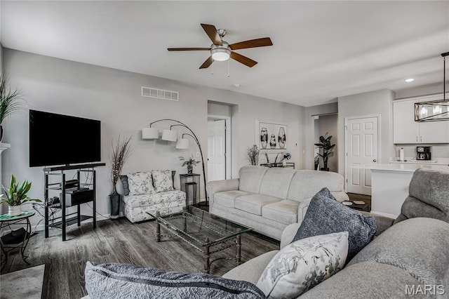 191 Noahs Mill Dr, Lake St Louis, MO 63367 - living area featuring ceiling fan, wood finished floors, recessed lighting, and a chandelier