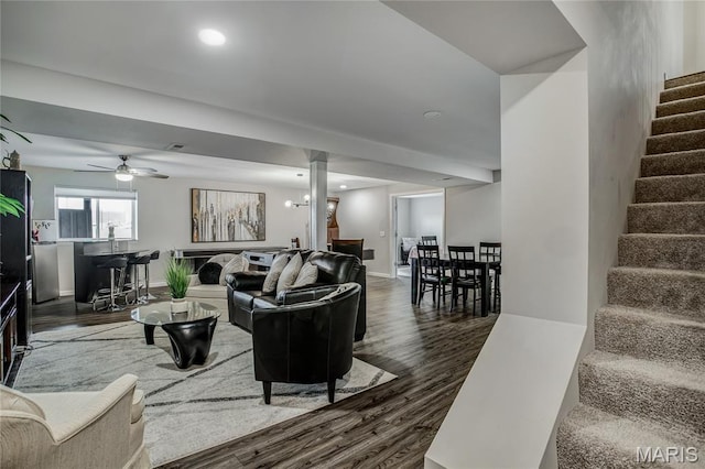 191 Noahs Mill Dr, Lake St Louis, MO 63367 - living area featuring stairway, dark wood-type flooring, a ceiling fan, and recessed lighting