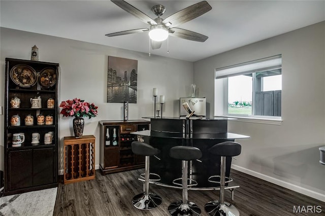 191 Noahs Mill Dr, Lake St Louis, MO 63367 - bar area featuring dark wood-style floors, ceiling fan, and fridge