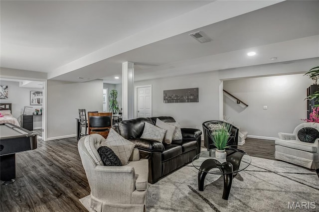 191 Noahs Mill Dr, Lake St Louis, MO 63367 - living room with dark wood-type flooring, recessed lighting, and stairway
