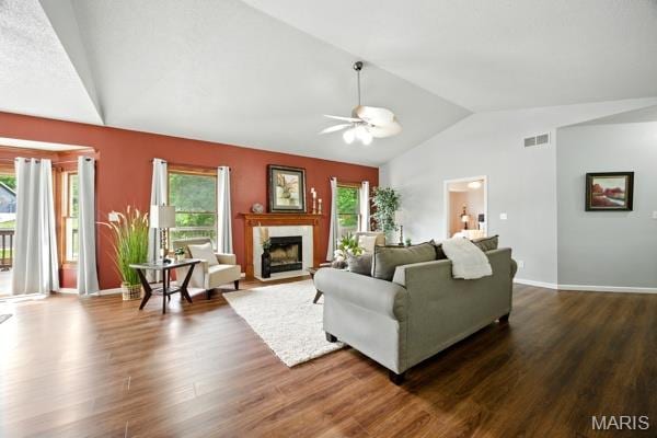 5 Sherman Ct, Hillsboro, MO 63050 - living area with lofted ceiling, ceiling fan, healthy amount of natural light, and wood finished floors
