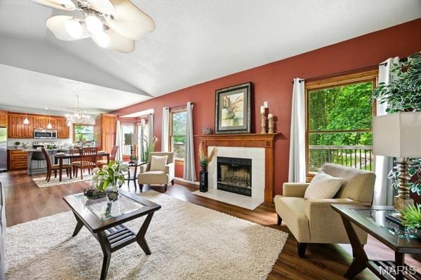 5 Sherman Ct, Hillsboro, MO 63050 - living room with a tile fireplace, plenty of natural light, vaulted ceiling, dark wood-style floors, and ceiling fan