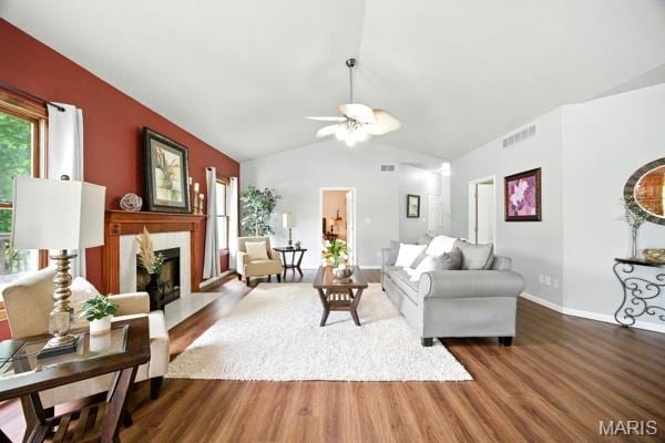 5 Sherman Ct, Hillsboro, MO 63050 - living area with wood finished floors, a premium fireplace, vaulted ceiling, and ceiling fan