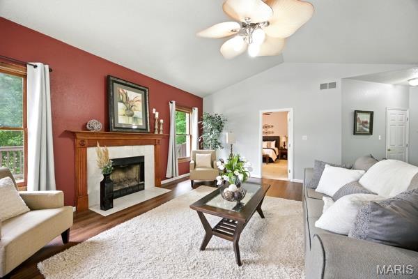 5 Sherman Ct, Hillsboro, MO 63050 - living area with vaulted ceiling, wood finished floors, a fireplace, and a ceiling fan
