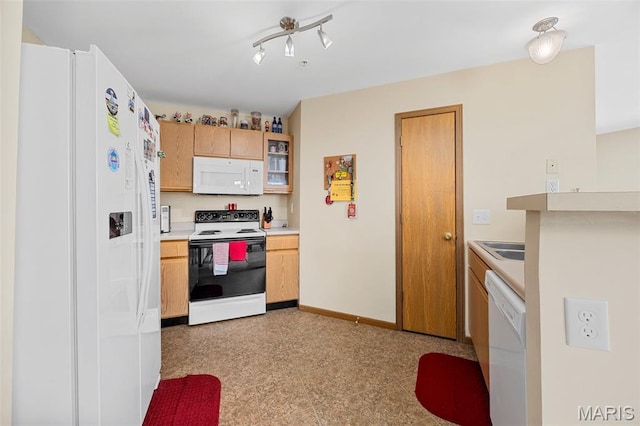 628 Homerun Dr Unit 11N, Ofallon, MO 63366 - kitchen featuring white appliances, light countertops, light floors, and glass insert cabinets