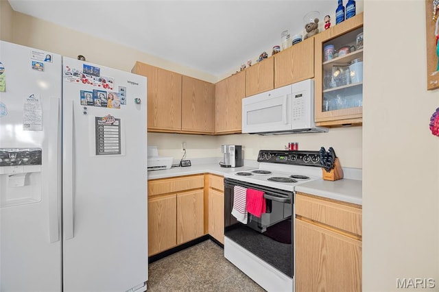 628 Homerun Dr Unit 11N, Ofallon, MO 63366 - kitchen with white appliances, light countertops, light brown cabinets, and glass insert cabinets