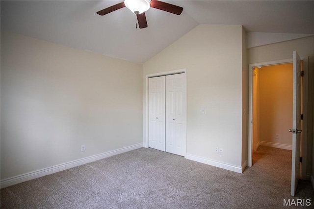1106 Tulip Trce, Sikeston, MO 63801 - unfurnished bedroom with vaulted ceiling, carpet flooring, a closet, and a ceiling fan