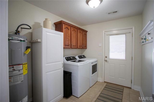 1106 Tulip Trce, Sikeston, MO 63801 - laundry room featuring electric water heater, independent washer and dryer, cabinet space, and light tile patterned floors