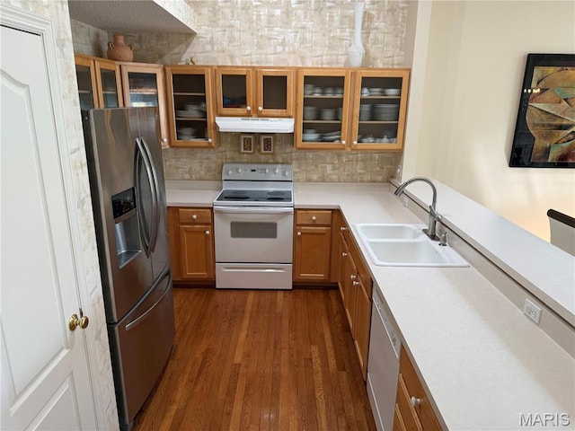 17 Battersea Ct Unit 6B, Ofallon, MO 63366 - kitchen with stainless steel refrigerator with ice dispenser, white electric stove, under cabinet range hood, dishwashing machine, and brown cabinets