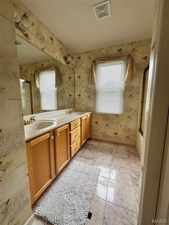 17 Battersea Ct Unit 6B, Ofallon, MO 63366 - full bath with wallpapered walls, plenty of natural light, double vanity, a shower with door, and a textured ceiling