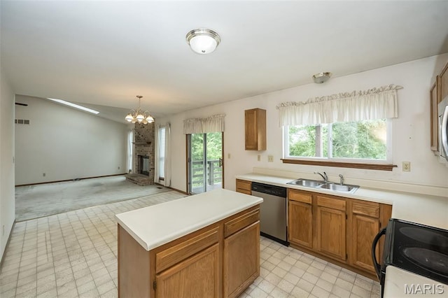 425 Bluffview Hts, Arnold, MO 63010 - kitchen with dishwasher, black electric range, a chandelier, light flooring, and a center island