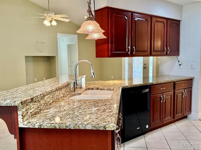 17138 E Cedar Hills Dr, Dexter, MO 63841 - kitchen featuring dishwasher, light stone counters, hanging light fixtures, light tile patterned floors, and ceiling fan