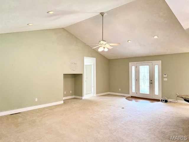 17138 E Cedar Hills Dr, Dexter, MO 63841 - unfurnished living room featuring light carpet, a ceiling fan, lofted ceiling, and recessed lighting