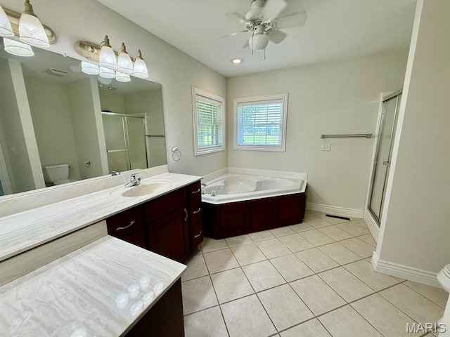 17138 E Cedar Hills Dr, Dexter, MO 63841 - full bath featuring a shower stall, a bath, tile patterned flooring, vanity, and ceiling fan