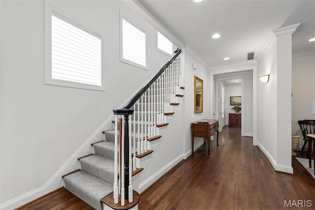 248 Gay Ave, Clayton, MO 63105 - staircase with wood finished floors, recessed lighting, and crown molding