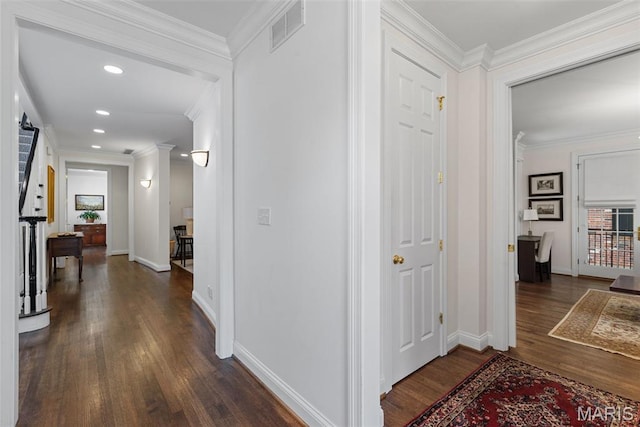 248 Gay Ave, Clayton, MO 63105 - hall featuring dark wood-style floors, recessed lighting, and ornamental molding
