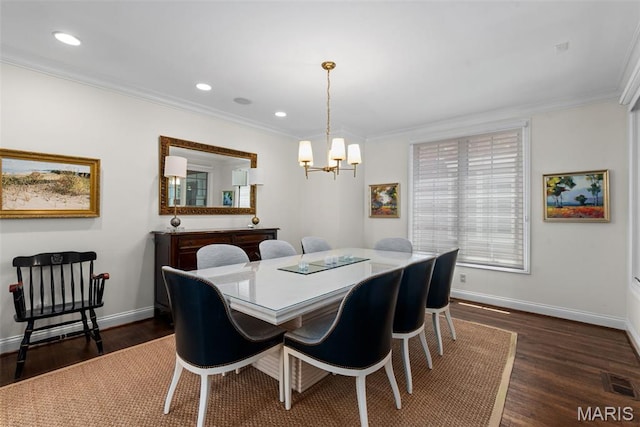 248 Gay Ave, Clayton, MO 63105 - dining room featuring a chandelier, dark wood-type flooring, ornamental molding, and recessed lighting