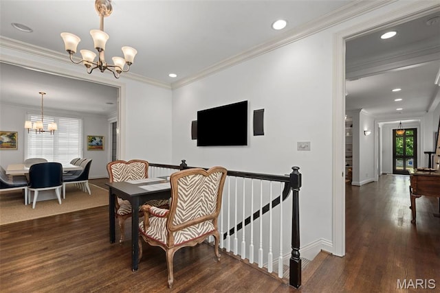 248 Gay Ave, Clayton, MO 63105 - dining area with a chandelier, wood finished floors, crown molding, and recessed lighting