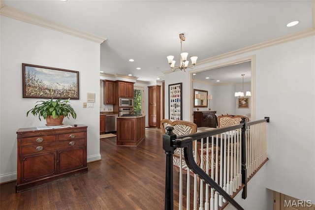 248 Gay Ave, Clayton, MO 63105 - hall with an upstairs landing, a chandelier, dark wood-style flooring, crown molding, and recessed lighting
