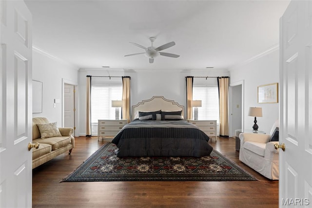 248 Gay Ave, Clayton, MO 63105 - bedroom with multiple windows, wood finished floors, ornamental molding, and a ceiling fan