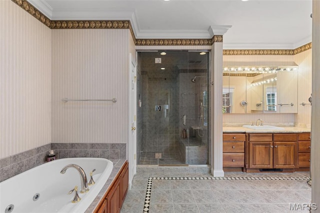 248 Gay Ave, Clayton, MO 63105 - bathroom with crown molding, a shower stall, vanity, a whirlpool tub, and tile patterned flooring