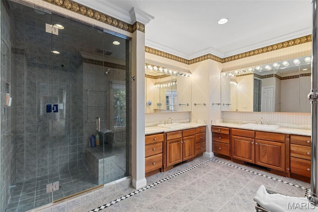 248 Gay Ave, Clayton, MO 63105 - bathroom with vanity, tile patterned floors, ornamental molding, a shower stall, and recessed lighting