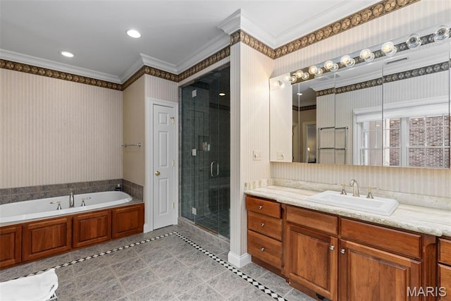 248 Gay Ave, Clayton, MO 63105 - full bath with crown molding, vanity, a bath, a shower stall, and wallpapered walls