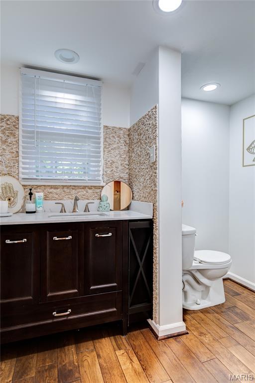 67 Kings Dr, Florissant, MO 63034 - bathroom with hardwood / wood-style floors, tasteful backsplash, and vanity