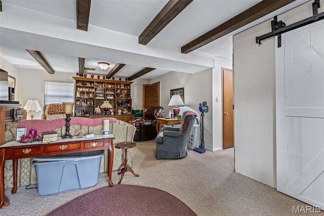 1301 Camillia St, Farmington, MO 63640 - living room with carpet floors, beamed ceiling, and a barn door