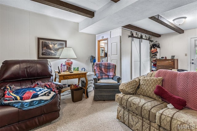 1301 Camillia St, Farmington, MO 63640 - carpeted living room featuring beamed ceiling and a textured ceiling