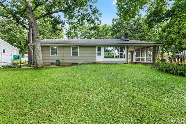 450 Forest Green Dr, Webster Groves, MO 63119 - rear view of property with a sunroom and a chimney