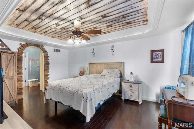 115 Whitener St, Marquand, MO 63655 - bedroom featuring a tray ceiling, wooden ceiling, wood-type flooring, and arched walkways