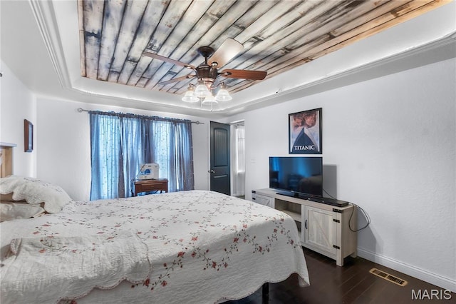 115 Whitener St, Marquand, MO 63655 - bedroom with a tray ceiling, dark wood-style floors, wooden ceiling, and a ceiling fan