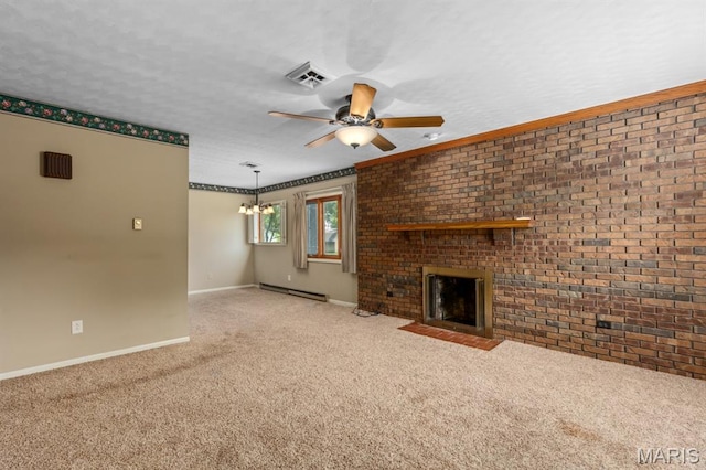 201 E Old Route 66, Mount Olive, IL 62069 - unfurnished living room featuring baseboard heating, a ceiling fan, carpet, a brick fireplace, and a textured ceiling