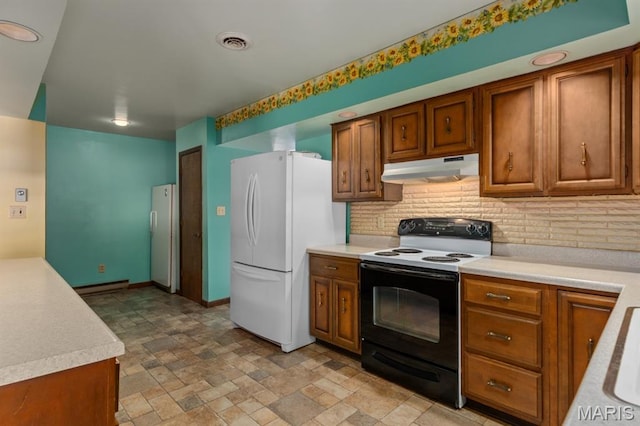 201 E Old Route 66, Mount Olive, IL 62069 - kitchen featuring range with electric cooktop, under cabinet range hood, freestanding refrigerator, and brown cabinetry