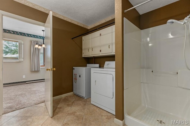 201 E Old Route 66, Mount Olive, IL 62069 - laundry room with a baseboard heating unit, a textured ceiling, light colored carpet, and light tile patterned floors