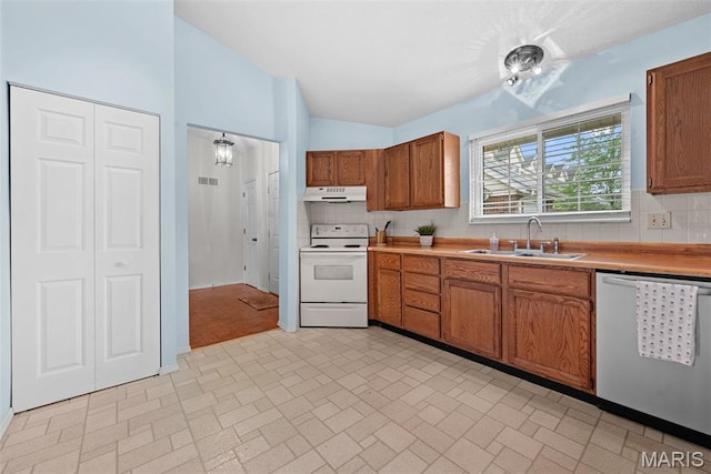 334 Devonshire Ct Unit A, Saint Peters, MO 63376 - kitchen with stainless steel dishwasher, white range with electric cooktop, under cabinet range hood, brick patterned floors, and backsplash