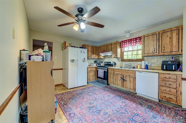 6048 La Chateau Ct, Saint Louis, MO 63129 - kitchen with white appliances, under cabinet range hood, tasteful backsplash, and ceiling fan