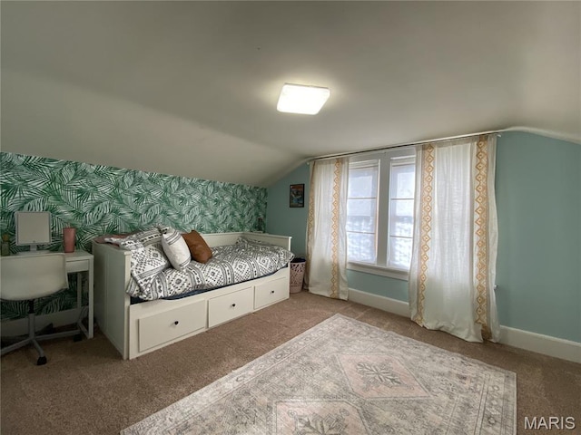 218 W 6th St, Hermann, MO 65041 - carpeted bedroom featuring vaulted ceiling and wallpapered walls