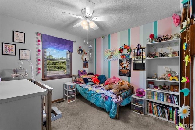1802 Old Cape Rd, Jackson, MO 63755 - carpeted bedroom with a textured ceiling, ceiling fan, and wallpapered walls