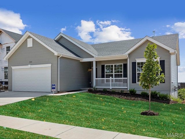 262 Liberty Valley Dr, Foristell, MO 63348 - ranch-style house featuring a porch, a garage, a front yard, concrete driveway, and a shingled roof